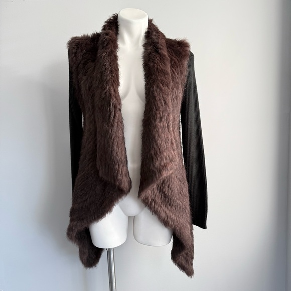 Love Token Knit Rabbit Fur Jacket Cardigan Ribbed Sleeve Open Front Asymmetrical - Picture 10 of 16